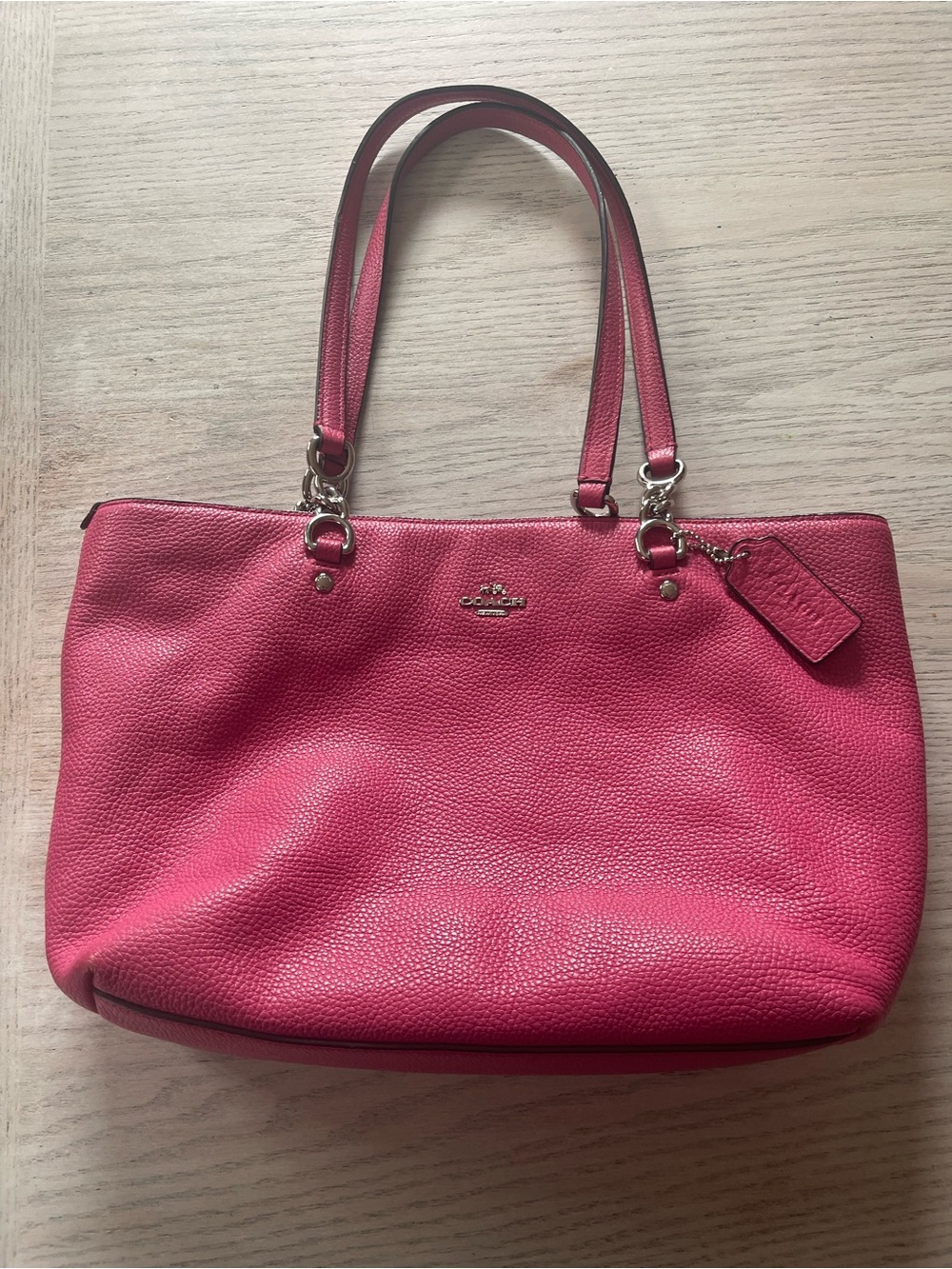 Coach Fuchsia Pebbled Leather Shoulder Tote with Silver Hardware